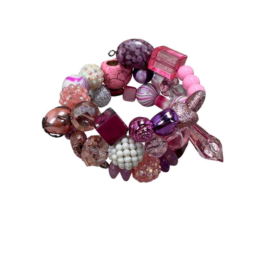 Pink Skull Mixed Bead Stretch Bracelet Chunky Y2K Boho Goth Statement Sparkle